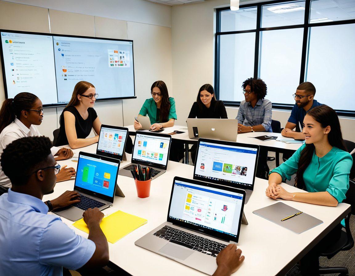 A scene depicting a diverse group of students engaging in an online classroom, with vibrant digital tools and resources around them. Showcase dynamic visuals of interactive learning with animated elements such as quizzes and discussions on a large screen. Include elements of collaboration, like virtual sticky notes and brainstorming sessions. The setting should have a modern, tech-savvy feel with bright, inspiring colors. super-realistic. vibrant colors. white background.