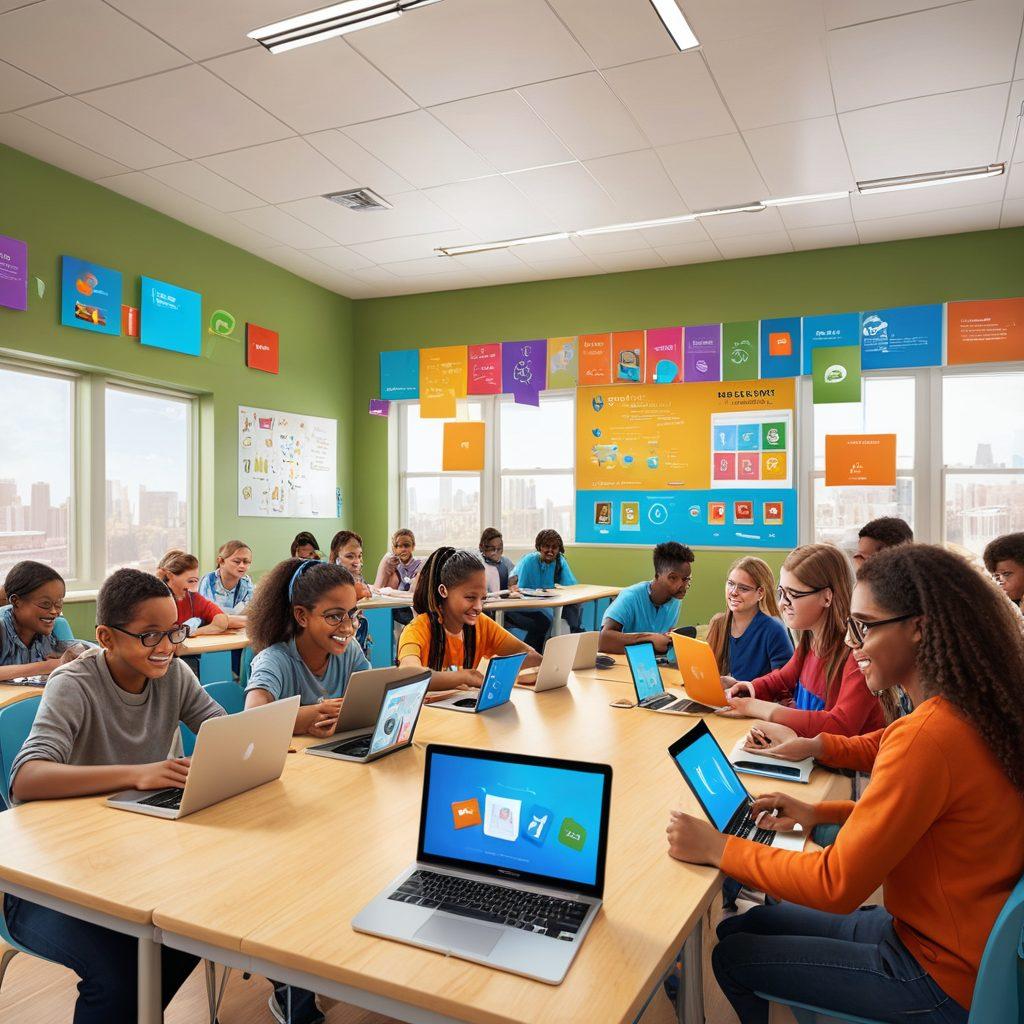 A vibrant virtual classroom scene featuring enthusiastic students engaged with various digital tools, like tablets and laptops, surrounded by visual elements representing learning (books, charts, and icons). Incorporate diverse characters to symbolize inclusivity and collaboration in the virtual learning environment. Use bright colors to evoke excitement and positivity. super-realistic. vibrant colors. educational theme.